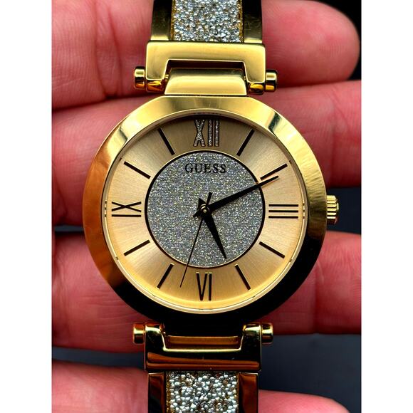 Guess Aurora Women\'s Gold-Tone Stainless Steel & Zwarovski Crystals Bangle Watch